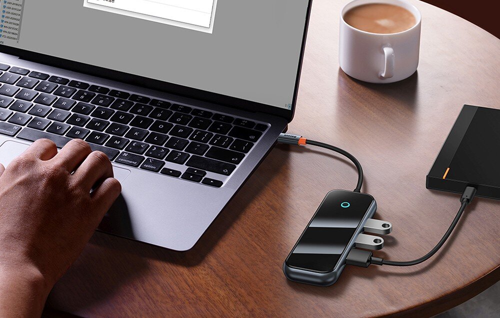 Hub BASEUS AcmeJoy 8w1 transfer danych jakość obraz wygoda funkcja OTG przesył pliki naładowanie urządzenie plug&plug port RJ45 stabilność