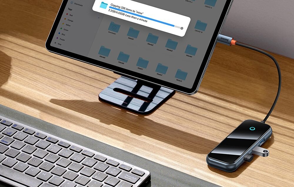 Hub BASEUS AcmeJoy 8w1 transfer danych jakość obraz wygoda funkcja OTG przesył pliki naładowanie urządzenie plug&plug port RJ45 stabilność