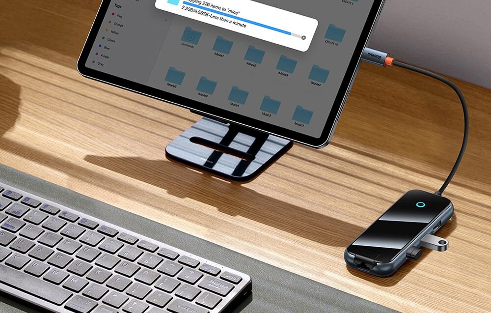 Hub BASEUS AcmeJoy 8w1 transfer danych jakość obraz wygoda funkcja OTG przesył pliki naładowanie urządzenie plug&plug port RJ45 stabilność 