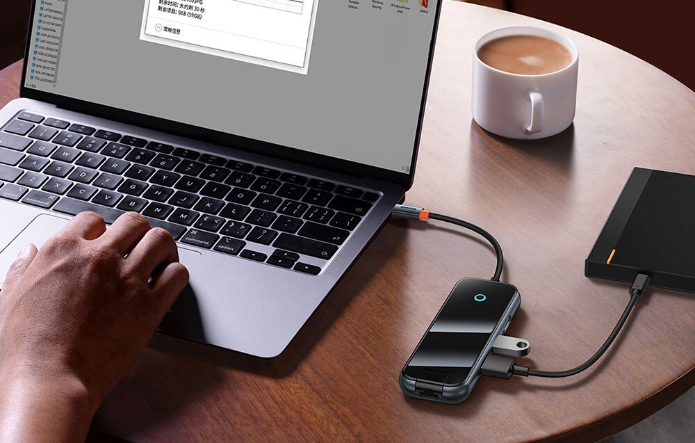 Hub BASEUS AcmeJoy 8w1 transfer danych jakość obraz wygoda funkcja OTG przesył pliki naładowanie urządzenie plug&plug port RJ45 stabilność 