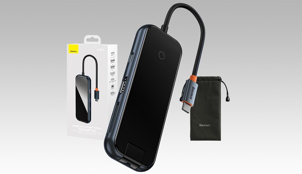 Hub BASEUS AcmeJoy 8w1 transfer danych jakość obraz wygoda funkcja OTG przesył pliki naładowanie urządzenie plug&plug port RJ45 stabilność 