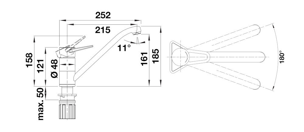 BATERIA KUCHENNA BLANCO Wega II 526980 Delikatny biały zdjęcie techniczne wymiary wylewka wysokość zasięg korpus