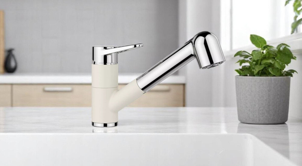 BATERIA KUCHENNA BLANCO Wega-S II 526982 Delikatny biały zdjęcie lifestyle obrotowa wyciągana wylewka kolor czarny trwały estetyczny Silgranit odporny na temperatury łatwe czyszczenie