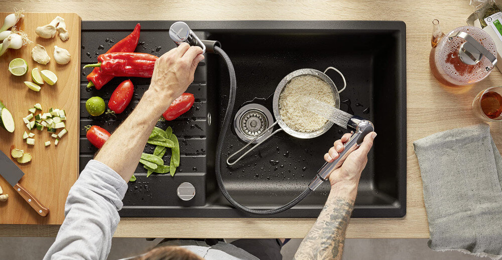 BATERIA KUCHENNA BLANCO Wega-S II 526982 Delikatny biały wyciągana wylewka kolor czarny