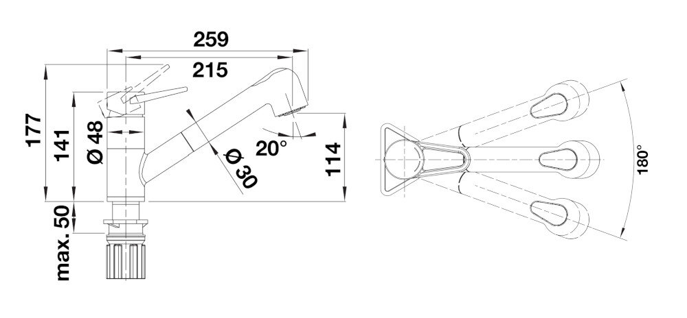 BATERIA KUCHENNA BLANCO Wega-S II 526982 Delikatny biały zdjęcie techniczne wymiary wylewka wysokość zasięg korpus