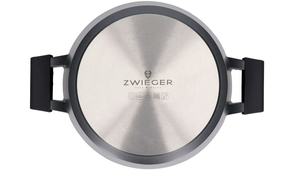 Zestaw Garnków ZWIEGER Black Stone (6 elementów) wydajnośc cieplna pełny dysk indukcyjny na dnie naczyń równomierne rozprowadzane ciepło efektywniejsze wykorzystanie energii o około 40 % na wszystkich rodzajach kuchenek indukcja gazowe elektryczne ceramiczne oszczędnośc czasu bardziej ekonomiczne gotowanie