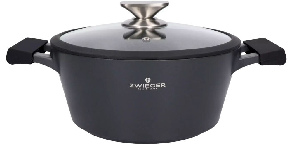 Zestaw Garnków ZWIEGER Black Stone (6 elementów) żaroodporny lakier silikonowy zabezpieczenie przed odpryskami i przebarwieniami zachowanie atrakcyjnego wyglądu na długo powłoka GREBLON chropowata faktura ułatwia przygotowanie potraw prawdziwa przyjemność gotowania stylowy design