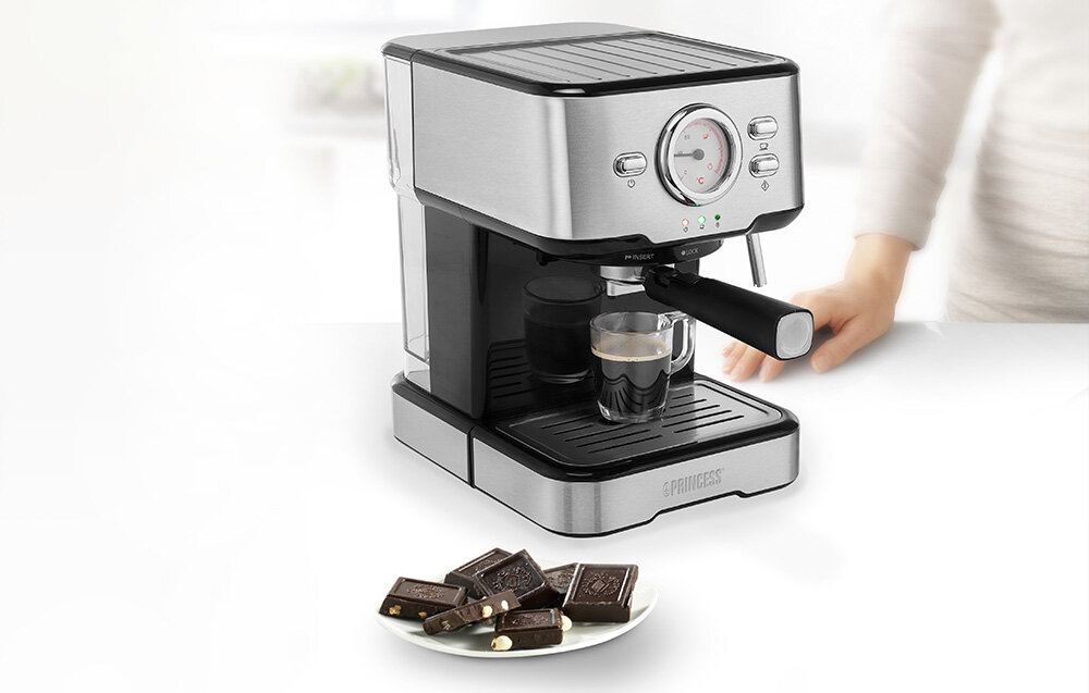 Ekspres PRINCESS Espresso 249412 Stalowo-czarny Duża pojemność zbiornik 1,5 l Wbudowany wyświetlacz 