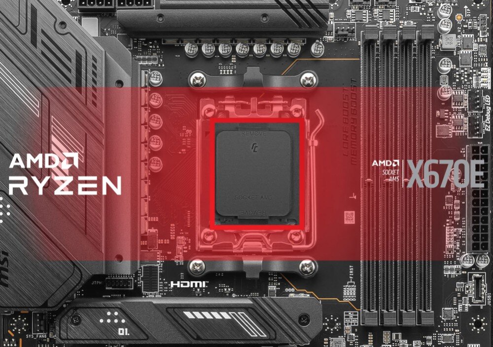 Płyta główna MAG X670E Tomahawk WiFi Zbliżenie na gniazdo procesora na płycie głównej z wyróżnieniem w kolorze czerwonym oraz napisami AMD Ryzen i X670E po bokach kadru, przeznaczenie, procesory, chipset, format ATX