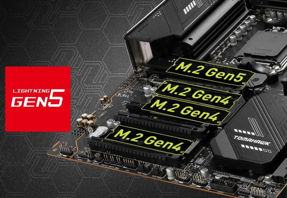 Płyta główna MAG X670E Tomahawk WiFi Zdjęcie pokazuje cztery sloty M.2 z podpisami M.2 Gen5 i M.2 Gen4 na każdym z nich. Po lewej stronie widnieje czerwony znak Lightning Gen5, dyski SSD, konfiguracje RAID, gniazda M.2