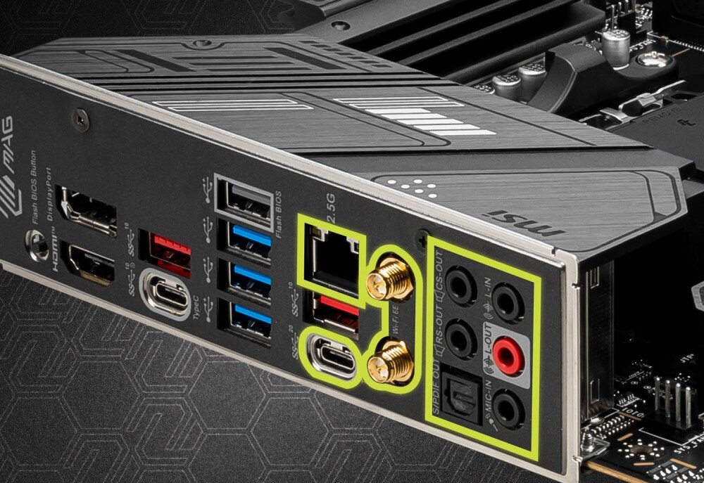 Płyta główna MAG X670E Tomahawk WiFi Panel tylni płyty głównej z portami USB, HDMI, DisplayPort, LAN, antenami Wi-Fi oraz złączami audio, kontroler Realtek, sieć, Wi-Fi, Bluetooth, USB-C