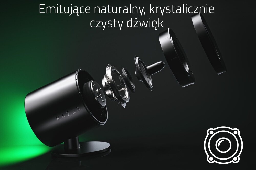 Głośniki RAZER Nommo V2 efekty podświetlenie dźwięk brzmienie moc głośniki bezprzewodowe audio  thx spatial audio chroma rgb użytkowanie warunki 