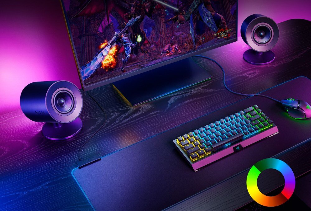 Głośniki RAZER Nommo V2 efekty podświetlenie dźwięk brzmienie moc głośniki bezprzewodowe audio  thx spatial audio chroma rgb użytkowanie warunki 