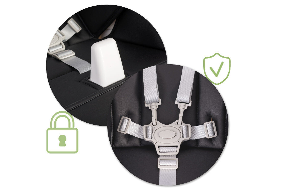 Krzesełko do karmienia NUKIDO Belo Czarny Stabilność w każdej chwili Pięciopunktowe pasy bezpieczeństwa wygodne miejsce