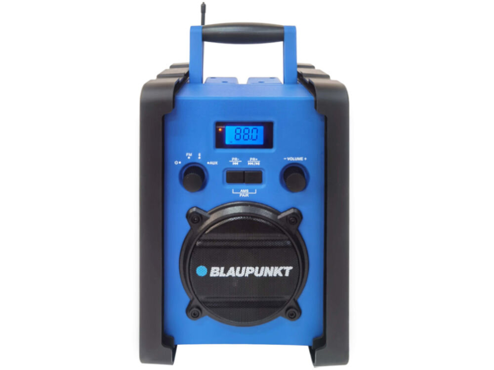 Radio budowlane BLAUPUNKT PP30BT JOBSITE, radio, praca, wzmocnienie, warsztat, ogród, Radio stoi pionowo frontem na wprost na białym tle