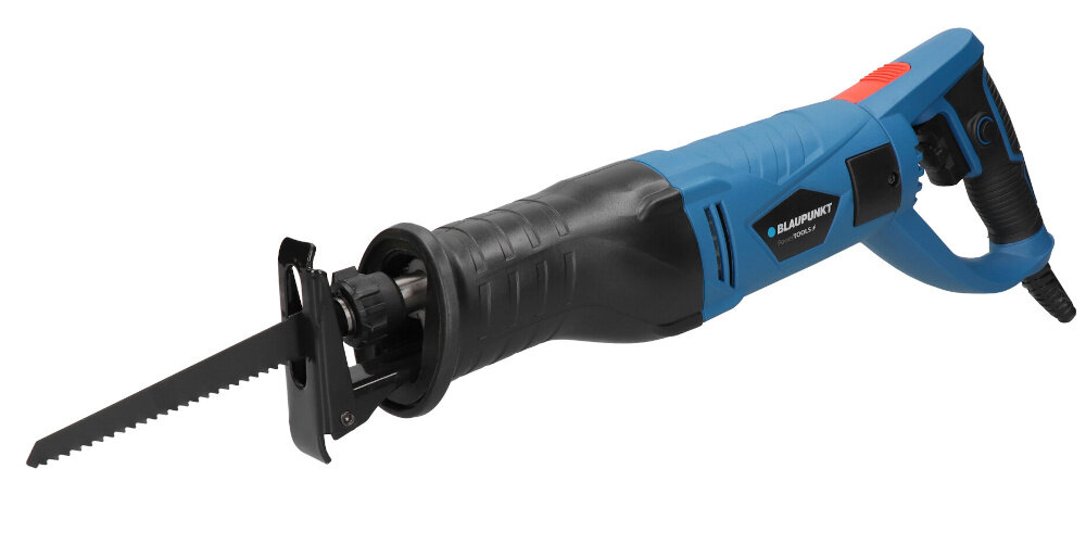 Na obrazie widoczna jest niebiesko-czarna piła szablasta z logo \'BLAUPUNKT\' na obudowie. Piła posiada długi, ząbkowany brzeszczot i ergonomiczny uchwyt.