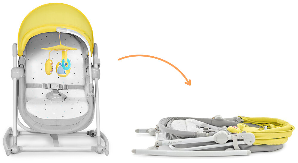 Leżaczek KINDERKRAFT Unimo Up Żółty niewielki rozmiar mozliwosc zlozenia na plasko wyprodukowany zgodnie z wymogami europejskiej normy bezpieczenstaw EN 12790 i EN 1130