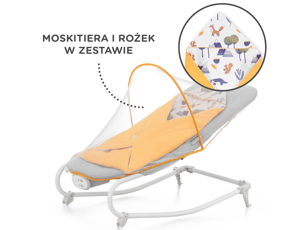 Leżaczek KINDERKRAFT Felio 2 Żółty zestaw palak z zabawkami pasy bezpieczenstwa moskitiera rozek pokrowiec dokumentacja