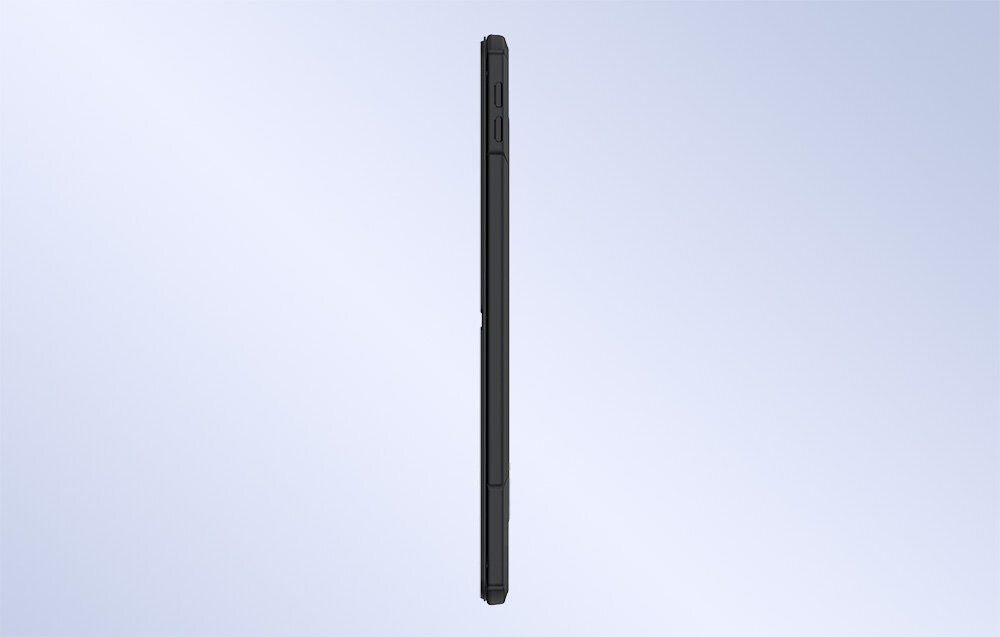 Czarne etui ochronne o minimalistycznym designie, widoczne z boku, z wyraźnie zaznaczonymi przyciskami na krawędzi.