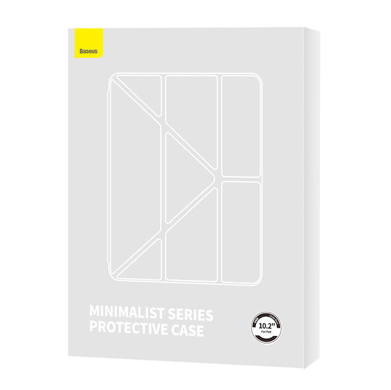 Opakowanie produktu z napisem \'MINIMALIST SERIES PROTECTIVE CASE\' oraz logo \'Baseus\' w lewym górnym rogu. Widoczny jest również symbol wskazujący na kompatybilność z iPad 10.2 cala.