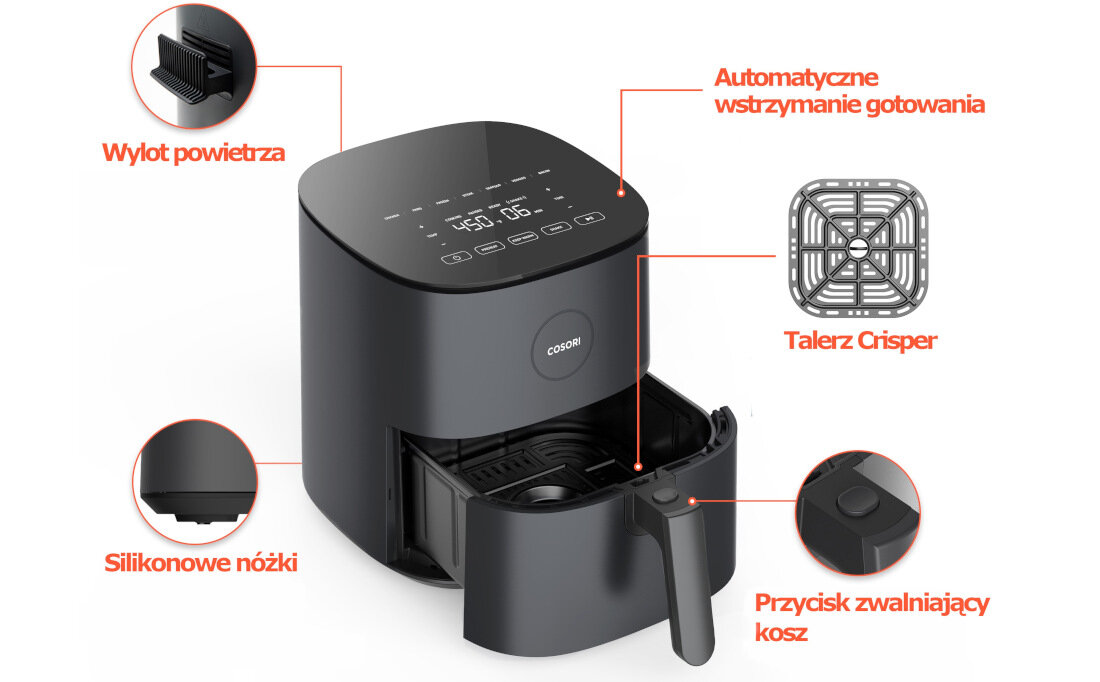 Frytkownica beztluszczowa COSORI Pro CAF-L501-KEUE wylot powietrza automatyczne wstrzymanie gotowania talerz crisper przycisk zwalniajacy kosz silikonowe nozki