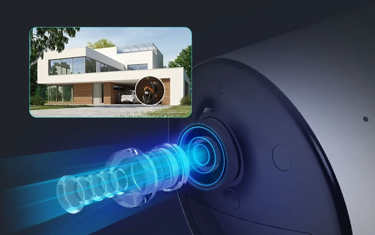 Kamera EZVIZ CB3 Zewnętrzna, Wi-Fi, niezwykle, wyrazisty, moment, szczegółowy, Schematyczna wizualizacja obiektywu kamery, obok nowoczesny dom z powiększeniem detalu