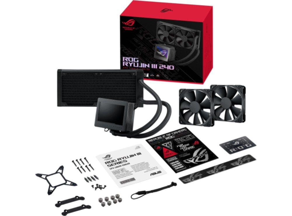 Chłodzenie wodne ASUS ROG Ryujin III 240 Zestaw chłodzenia cieczą wraz z pudełkiem, chłodnicą, dwoma wentylatorami, blokiem CPU, instrukcją, śrubkami, mocowaniami i dodatkowymi akcesoriami ułożonymi na białym tle, opakowanie, zestaw