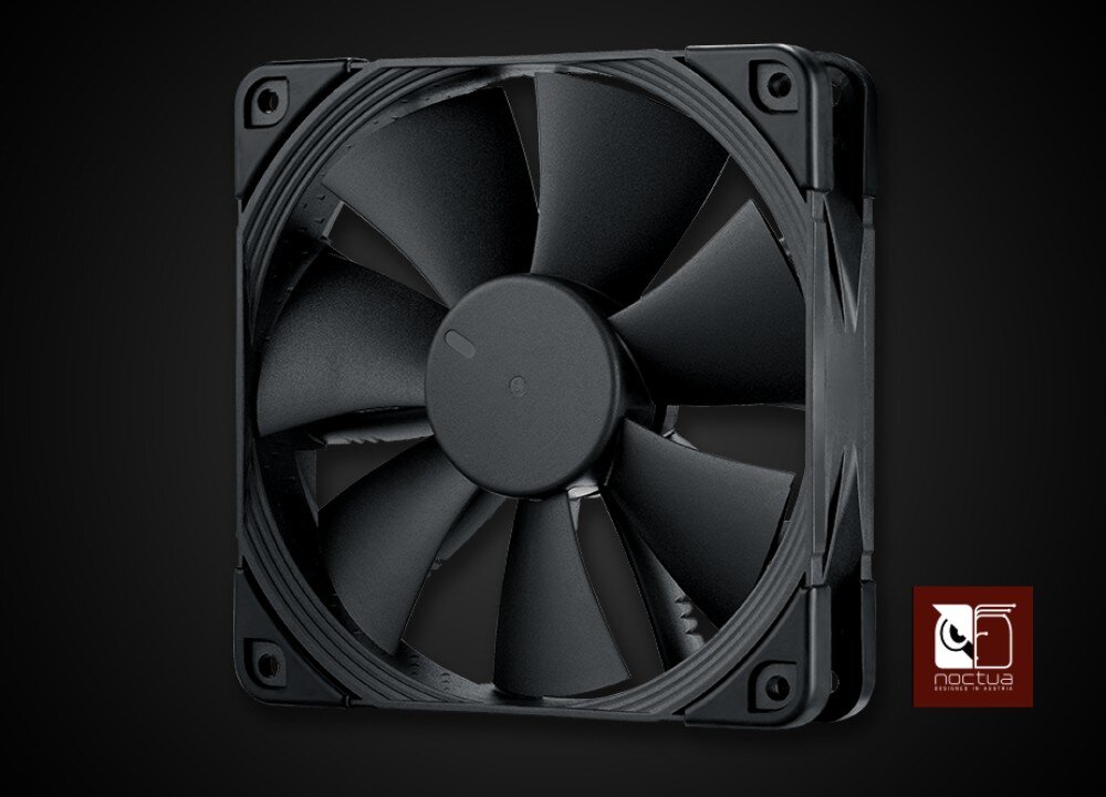 Chłodzenie wodne ASUS ROG Ryujin III 240 Czarny wentylator komputerowy z siedmioma łopatkami umieszczony na ciemnym tle z logo 'Noctua' w prawym dolnym rogu, wentylator, efektywność, głośność