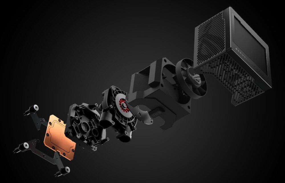 Chłodzenie wodne ASUS ROG Ryujin III 240 Rozłożony na części blok chłodzenia cieczą pokazujący poszczególne elementy konstrukcyjne, w tym podstawę, pompę i obudowę z ekranem, blokopompa, wydajność, kompatybilność