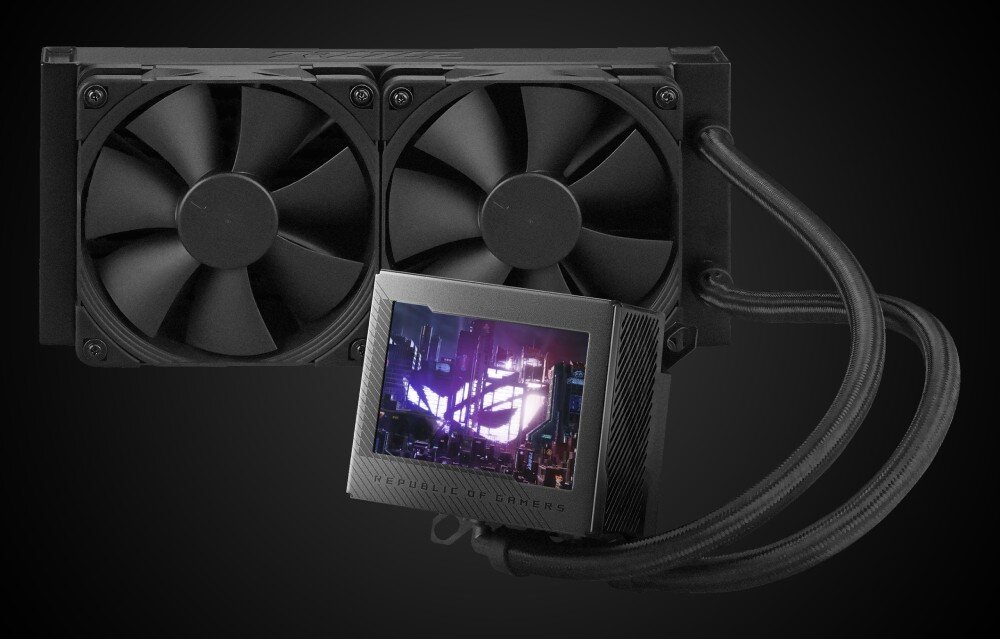 Chłodzenie wodne ASUS ROG Ryujin III 240 Chłodzenie cieczą z dwoma wentylatorami na chłodnicy połączone z blokiem CPU z ekranem wyświetlającym grafikę, radiator, odprowadzanie ciepła