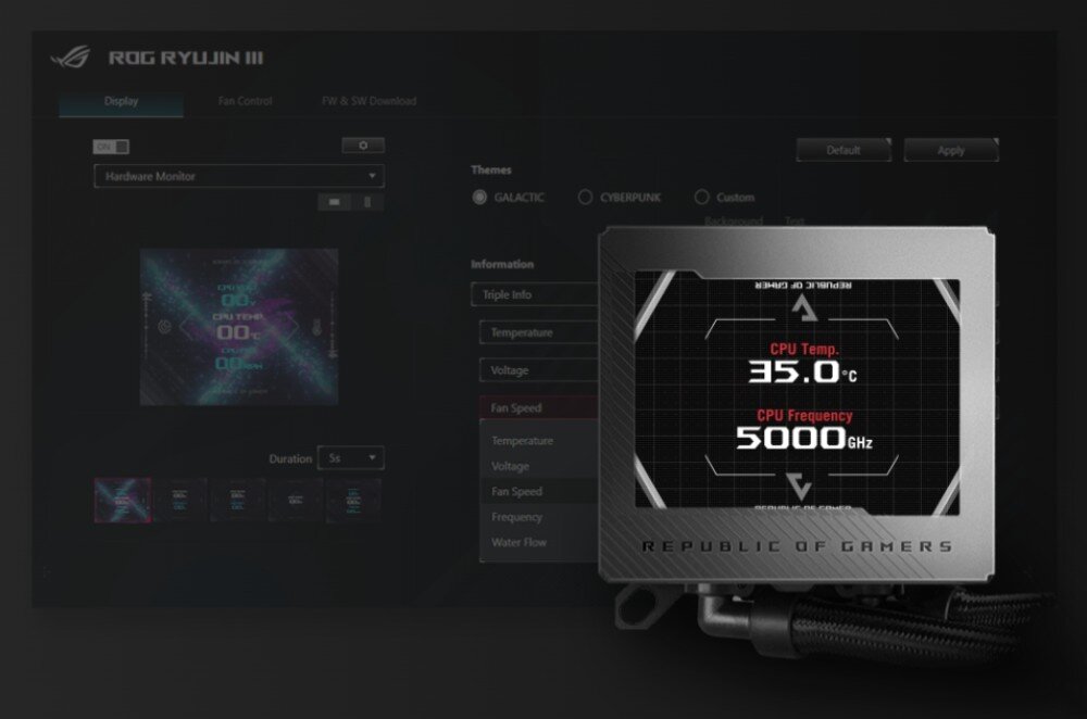 Chłodzenie wodne ASUS ROG Ryujin III 240 Ekran oprogramowania z danymi o temperaturze procesora i częstotliwości pracy, obok którego widoczny jest blok chłodzenia z wyświetlaczem pokazującym te same wartości, ekran, wyświetlanie, informacje