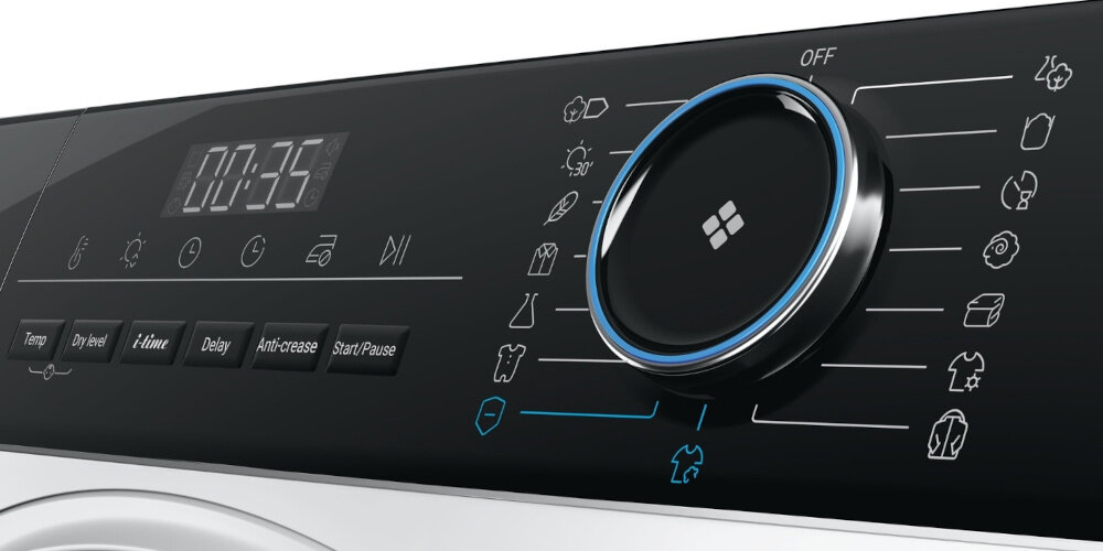 SUSZARKA HAIER I-PRO 3 HD90-A3939-S zdjęcie lifestyle panel pokrętło bok programy funkcje ikony Intuicyjny panel sterowania łatwe komfortowe cyfrowy wyświetlacz czytelne ikony jasne komunikaty