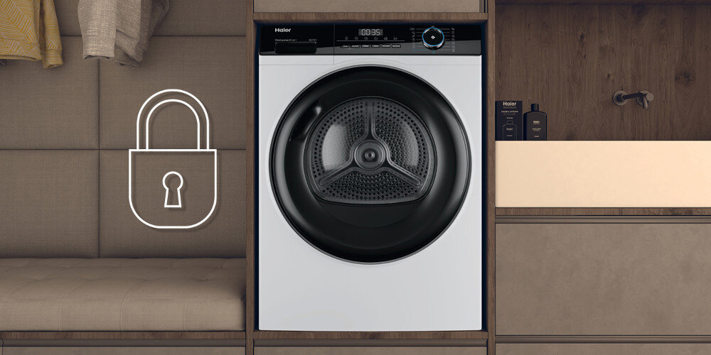 SUSZARKA HAIER I-PRO 3 HD90-A3939-S zdjęcie lifestyle suszarka front panel ikona grafika kłódka funkcja blokady zabezpieczenia Bezpieczeństwo ochrona blokada dla najmłodszych dzieci rodzin
