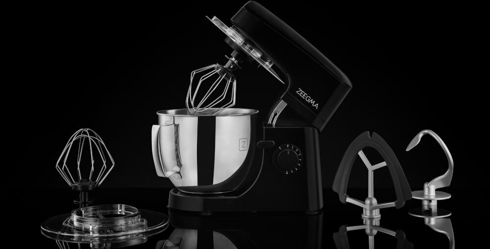 Robot kuchenny planetarny ZEEGMA Planeet Mix 1000W Czarny wydajny silnik szeroki wachlarz zastosowań 35,5 x 22 x 31 cm elegancko zaokrąglone brzegi stylowy charakter waga 5 kg łatwe przenoszenie
