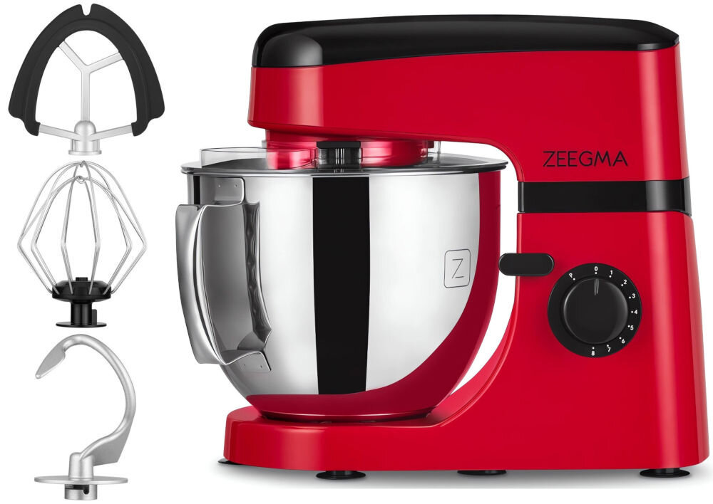 Robot kuchenny planetarny ZEEGMA Planeet Mix 1000W Czerwony misa z uchwytem pokrywka do misy mieszadło hak ubijaczka dokumentacja 