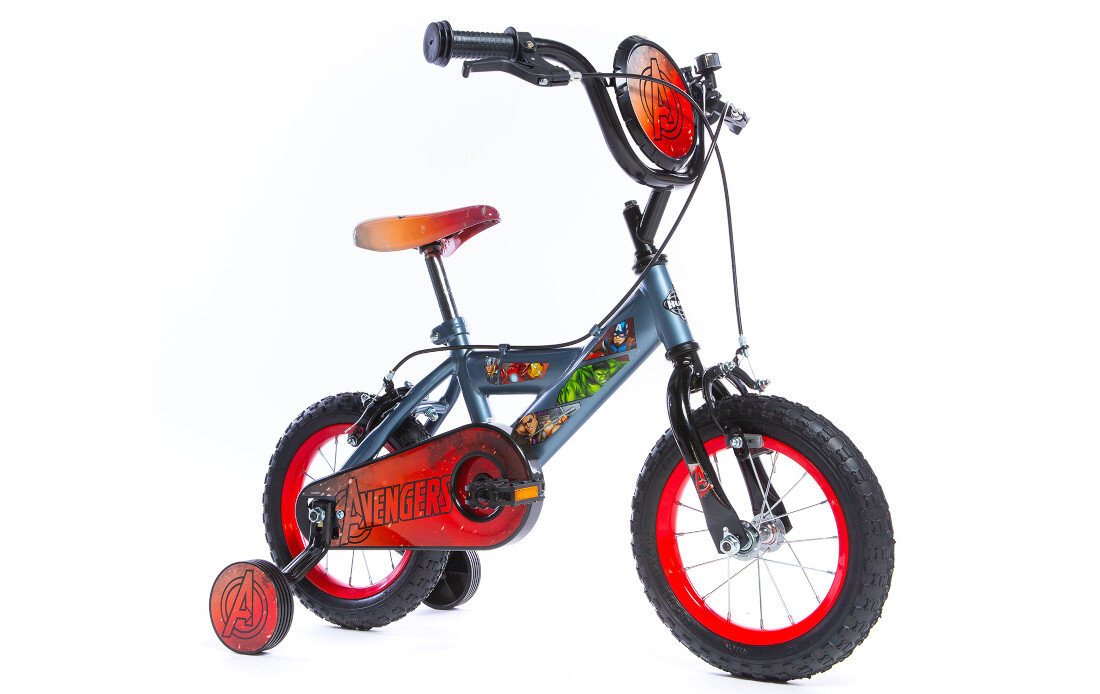 Rower dziecięcy HUFFY Marvel Avengers 12 cali Szary Wzrost: 85-100 cm Wiek: 3-5 lat rozmiar Skuteczne hamowanie przedni i tylny hamulec typu kaliper Side Pull Caliper uczy się prawidłowych reakcji w różnych sytuacjach zdjęcie na białym tle ukosem