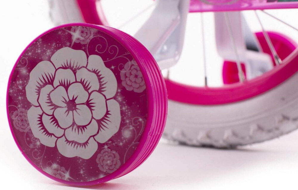 Rower dziecięcy HUFFY Disney Princess 14 cali Różowy Wzrost: 95-110 cm Wiek: 4-6 lat zbliżenie na kółka boczne i osłonę łańcucha zdjęcie na białym tle boczne kółka asekurują dziecko w początkowej fazie nauki boczne kółka można łatwo usunąć osłona łańcucha kolorowa grafika zabezpiecza łańcuch przed brudem