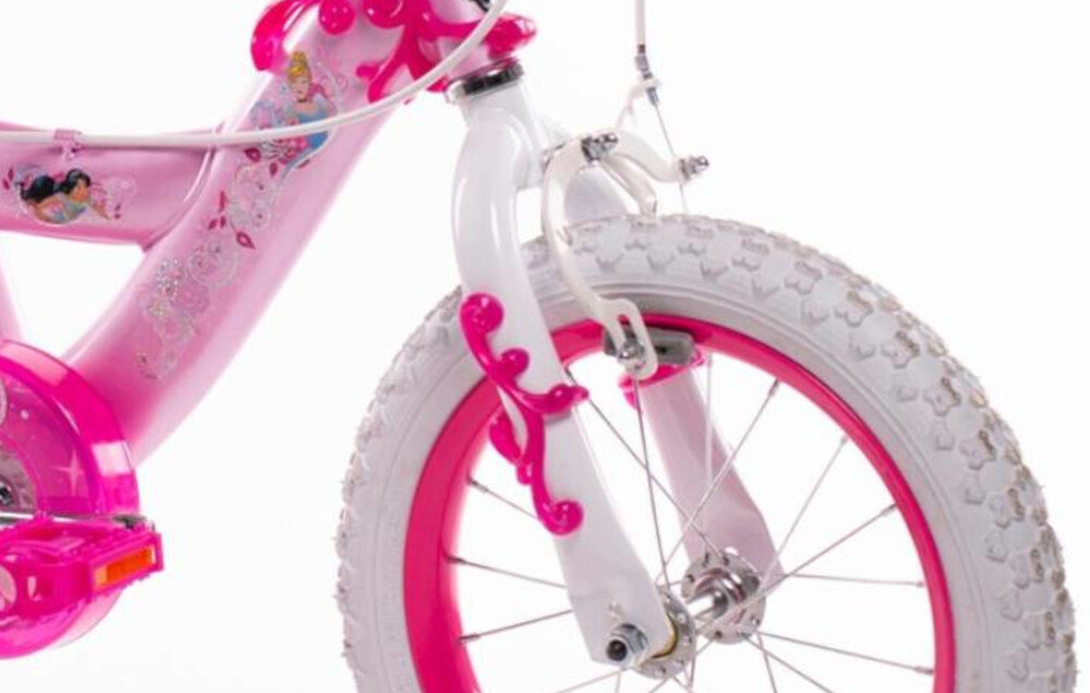 Rower dziecięcy HUFFY Disney Princess 14 cali Różowy Wzrost: 95-110 cm Wiek: 4-6 lat zbliżenie na przedni hamulec zdjęcie na białym tle podstawa bezpieczeństwa hamulce V-Brake typu Caliper lekkie duża siła hamowania hamulce z przodu i z tyłu podwójny pakiet bezpieczeństwa