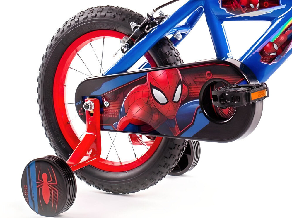 Rower dziecięcy MARVEL Spider-Man 14 cali dla chłopca kola 14 cali dla dzieci w wieku od 4 do 5 lat boczne kolka asekuracja latwo usunac kolorowa oslona lancucha regularne sprawdzanie cisnienia powietrza wartosc na bocznej czesci opony