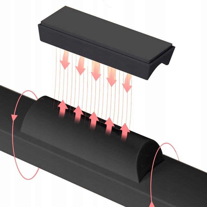 Obraz przedstawia czarną lampę magnetyczną LED z widocznymi strzałkami wskazującymi kierunek działania magnetycznego. Strzałki są koloru czerwonego i pokazują przepływ energii między dwoma elementami lampy.