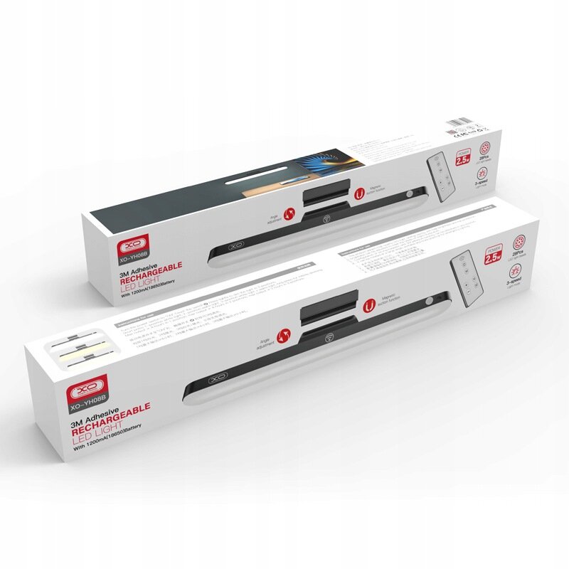 Na obrazie widoczne są dwa opakowania produktu \'XO YH08B 3M Adhesive Rechargeable LED Light\' z logo XO. Opakowania zawierają informacje o funkcjach lampy, takich jak czas ładowania 2,5 godziny i pojemność baterii 1200 mAh.