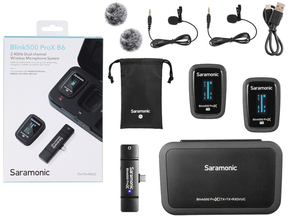System bezprzewodowy SARAMONIC Blink500 ProX B6 etui ładujące Blink500 ProX B3/5 BOX, mikrofon krawatowy (2 szt.), osłona przeciwwiatrowa typu deadcat (2 szt.), kabel USB-A/USB-C, torba na akcesoria