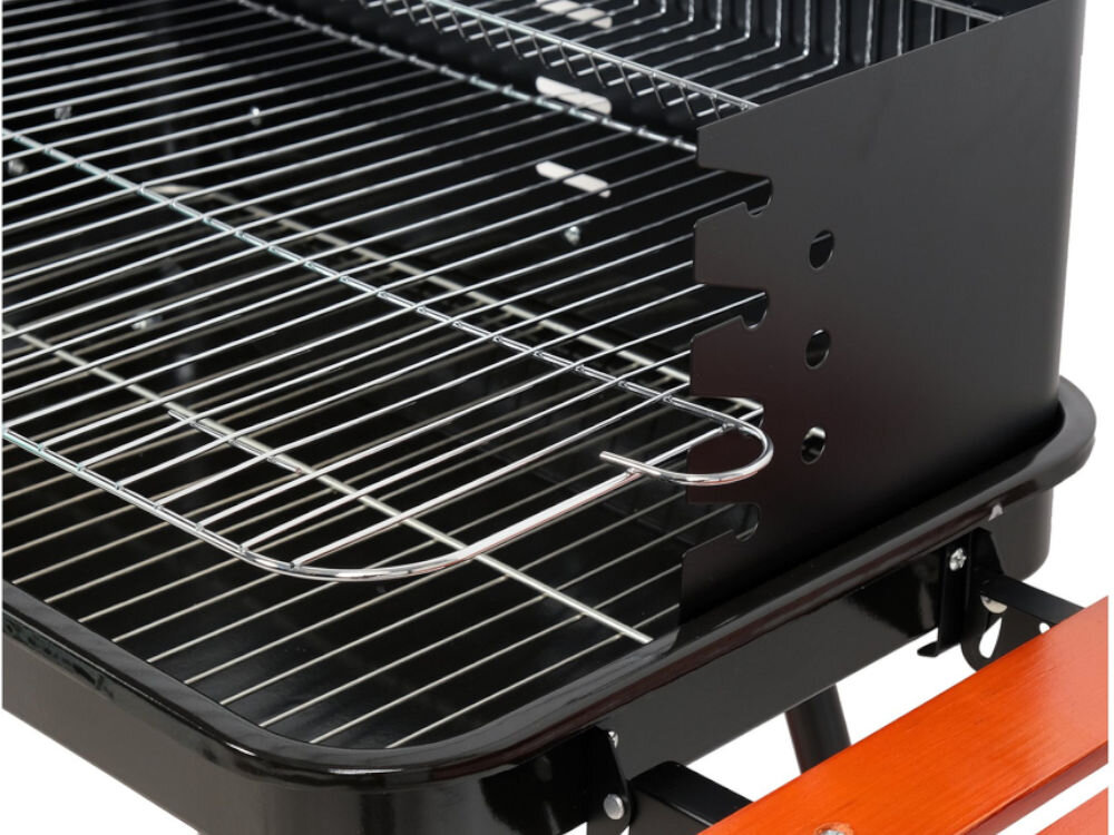 Grill węglowy LUND 99911 53 x 33 cm, emalia, porcelanowa, odporna, czyszczenie, na białym tle zbliżenie od frontu boku grilla i ścianki