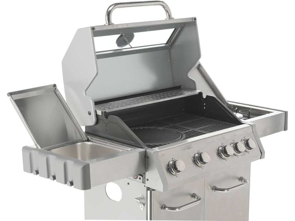 Grill gazowy YATO YG-20003, pojemnik, wyjmowany, pokrywa, termometr, na białym tle grill z otwartymi pokrywami wraz z pojemnikiem z lewej