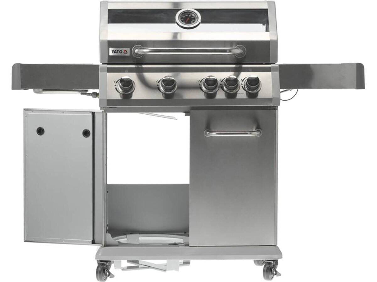 Grill gazowy YATO YG-20003, butla, gaz, szafka, schowek, na białym tle grill frontem na wprost z otwartymi drzwiczkami szafki dolnej