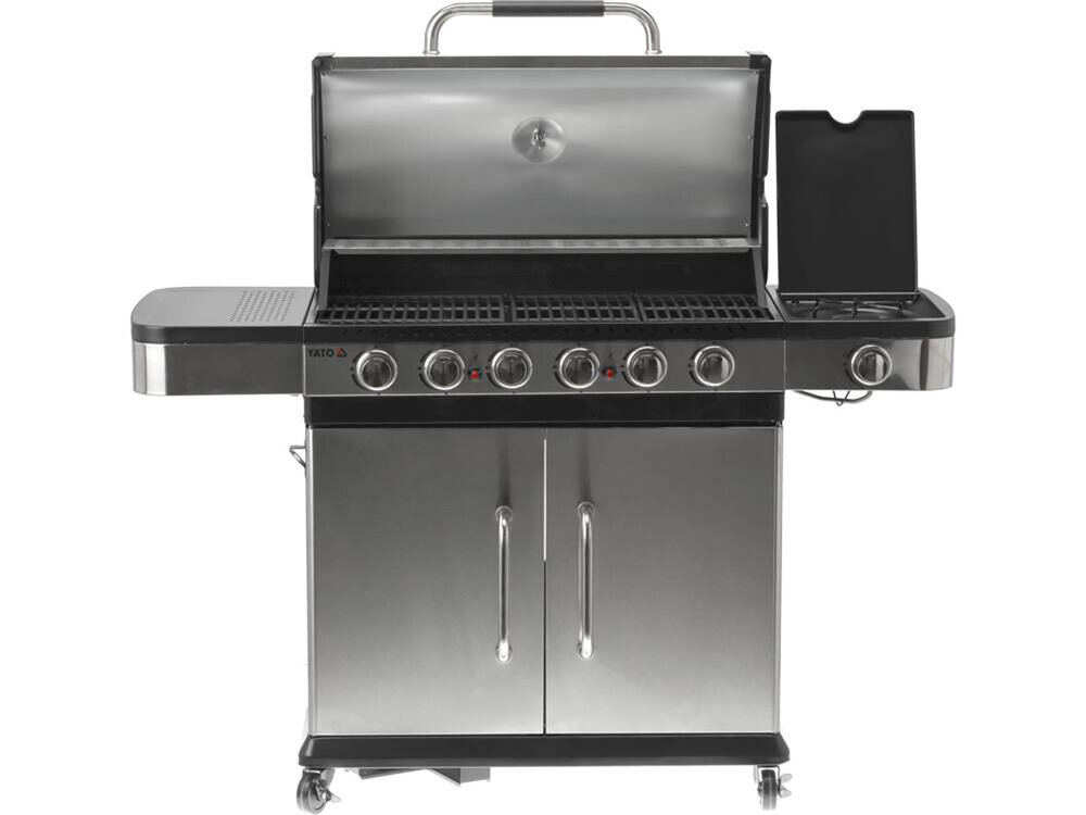 Grill gazowy YATO YG-20004 wbudowany w pokrywe termometr zaplon piezo dwa zapalniki na srodku panelu sterowania wygodna obsluga