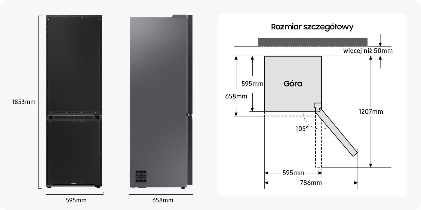 Prezentacja lodówki Bespoke w sposób pokazujący jej wymiary Prezentacja lodówki Bespoke w sposób pokazujący jej wymiary