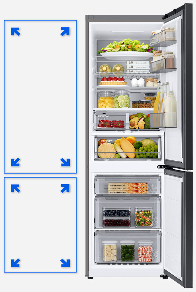 Zdjęcie pokazujące rozkład półek i szuflad w lodówce Samsung z technologią SpaceMax™ Zdjęcie pokazujące rozkład półek i szuflad w lodówce Samsung z technologią SpaceMax™