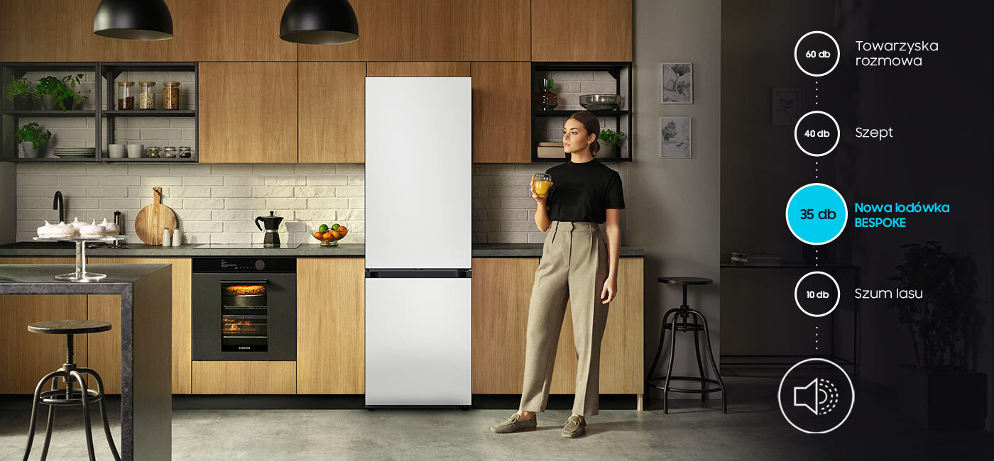 Rozmowa, a nawet szept są głośniejsze od lodówki Samsung Bespoke RB34C7B5DAP, która generuje tylko 35 dB, co pokazano na infografice