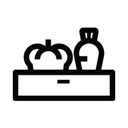 Ikona przedstawiająca kontur warzyw w pojemniku, w kolorze czarnym na przezroczystym tle.